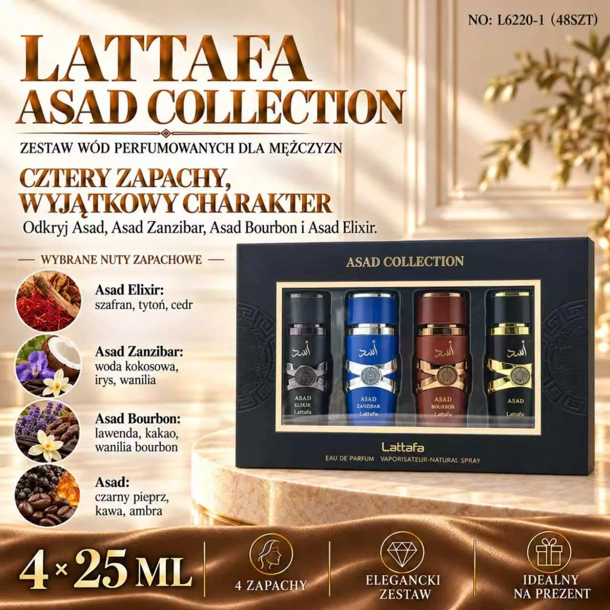 Zestaw 4 perfum męskich Lattafa Asad Collection w eleganckim czarnym opakowaniu