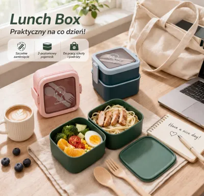 Dwupoziomowy lunchbox zielony i różowy z przezroczystą pokrywą, sztućce i torba na stole