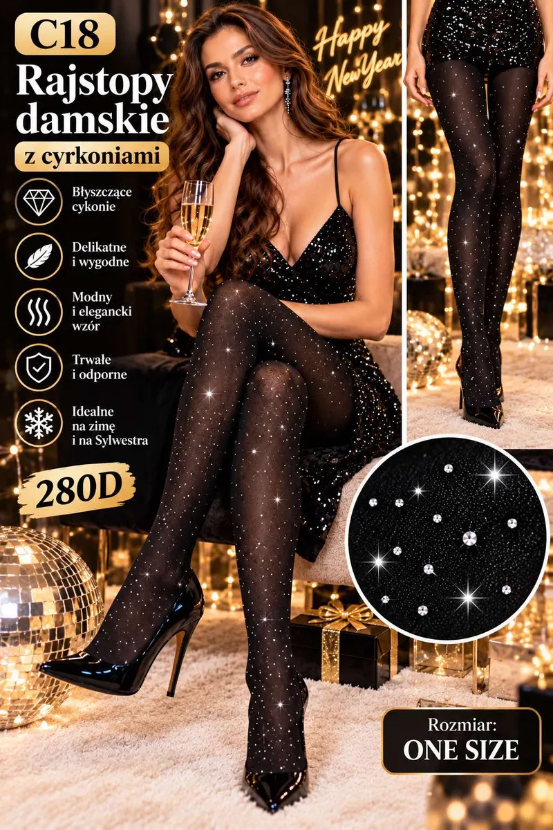 Czarne rajstopy damskie z błyszczącymi cyrkoniami na modelce w eleganckiej sukience
