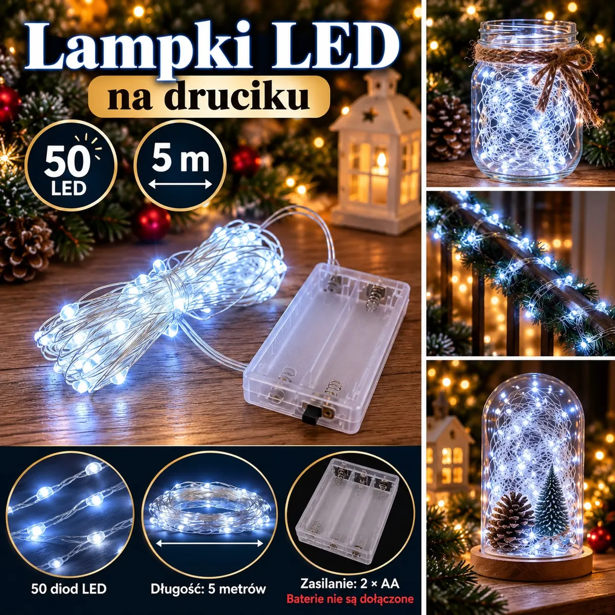 Lampki LED na cienkim druciku z 50 diodami zimnego białego światła, zasilane bateriami AA, dekoracja świąteczna