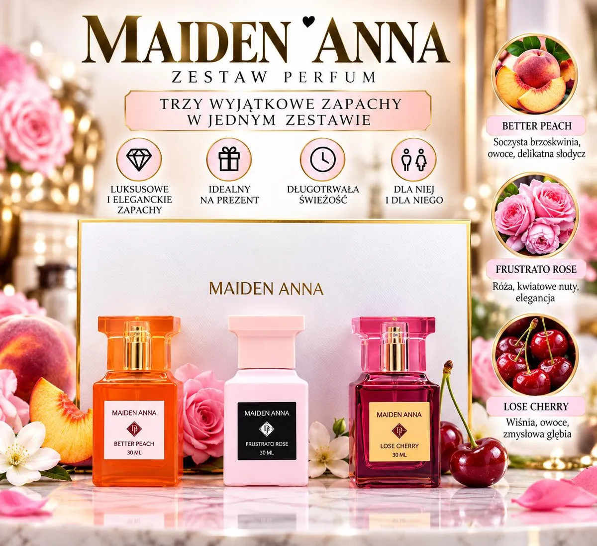 Zestaw trzech perfum Maiden Anna w kolorowych flakonach: pomarańczowy, różowy i czerwony na marmurowym tle z kwiatami i owoca