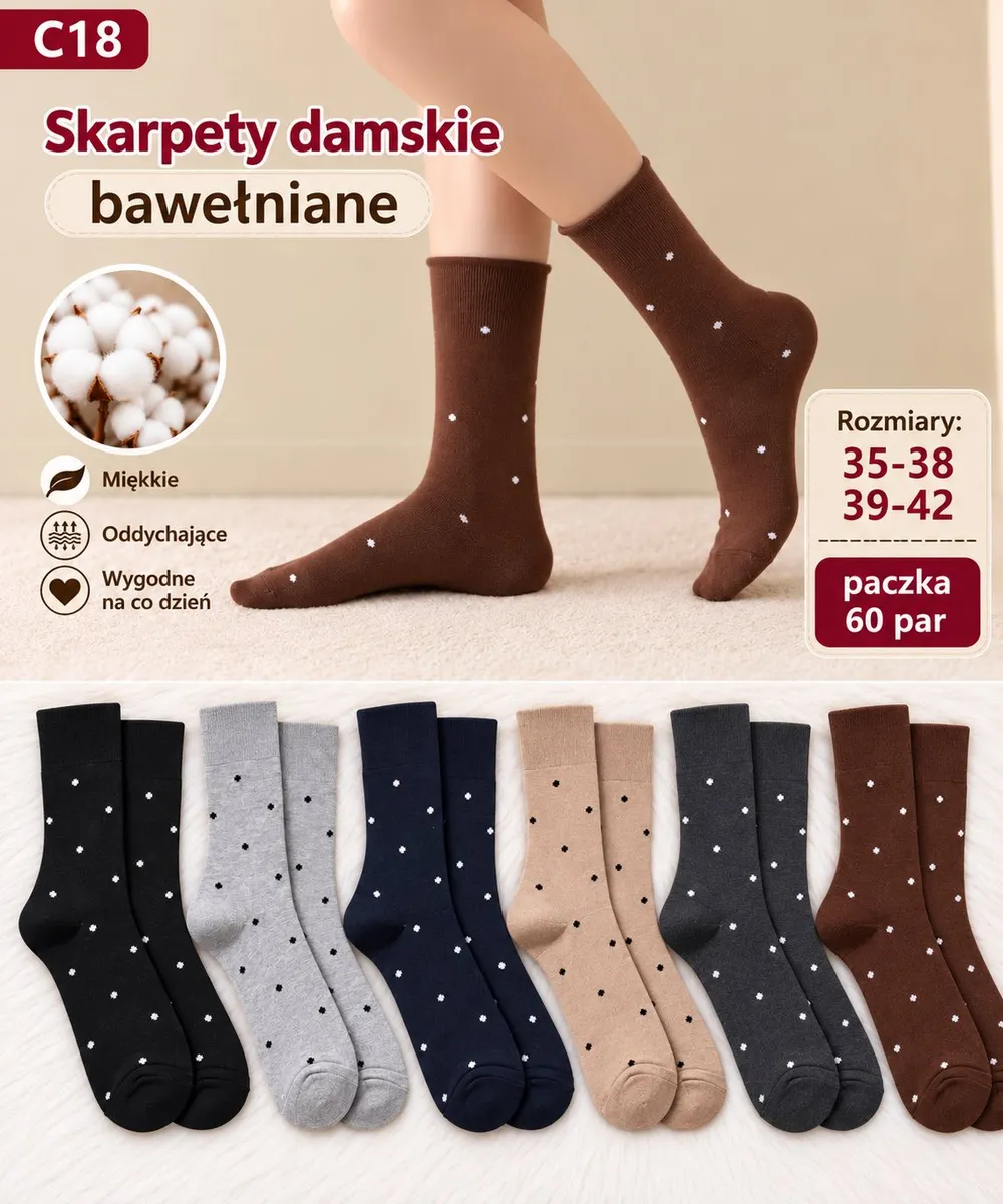 Skarpety damskie bawełniane w kropki w kolorach czarnym, szarym, granatowym, beżowym, grafitowym i brązowym