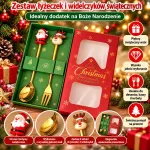 Zestaw świątecznych złotych łyżeczek i widelczyków z motywem Mikołaja i renifera