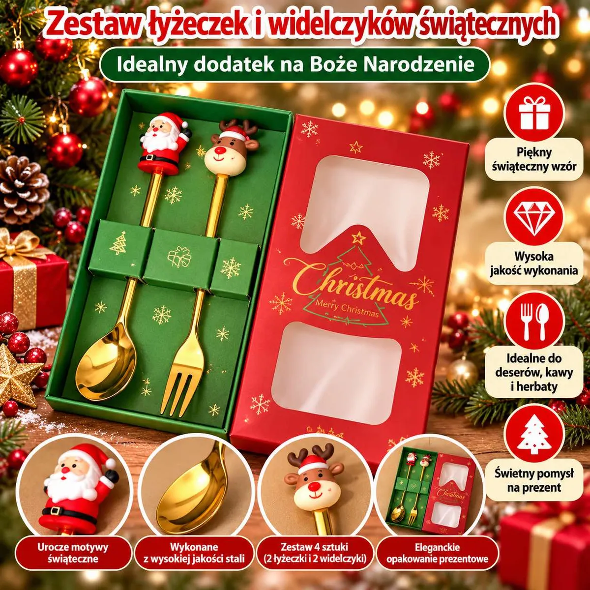 Zestaw świątecznych złotych łyżeczek i widelczyków z motywem Mikołaja i renifera