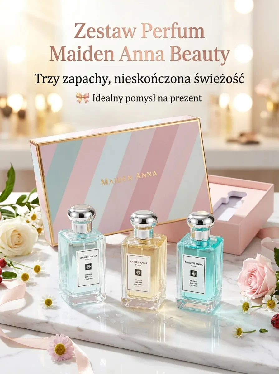 Zestaw trzech perfum Maiden Anna beauty 3x30ml w pastelowym pudełku z metaliczną ramką