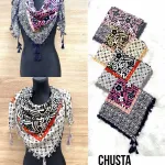 Chusta damska wzorzysta z frędzlami mix kolorów 68x68 cm