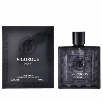 czarny flakon perfum Vigorous Noir 100ml z geometrycznym wzorem i czarne pudełko z ornamentem