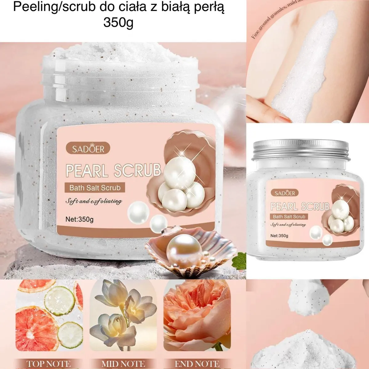 Peeling do ciała Pearl Scrub 350g w przezroczystym słoiku z pastelową etykietą i widocznymi drobnymi ziarnami