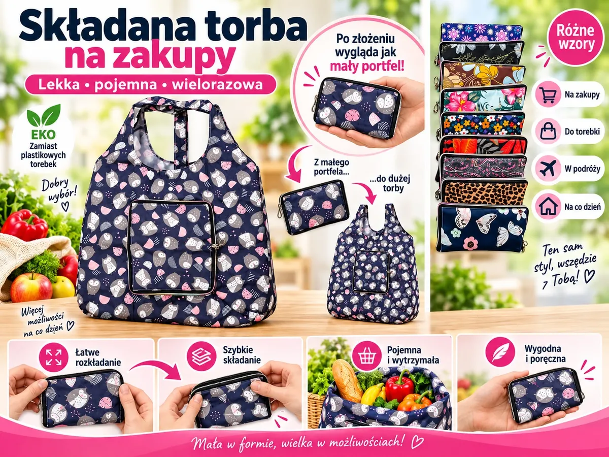 Składana torba na zakupy w kolorowe wzory z motywem sów, złożona w małe etui przypominające portfel