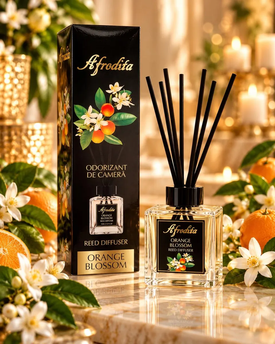 Odświeżacz powietrza Afrodita orange blossom w szklanej butelce z czarnymi patyczkami i czarnym opakowaniem z kwiatami pomara