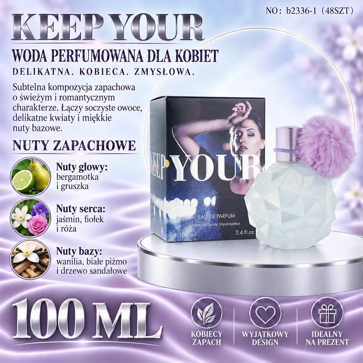 Butelka wody perfumowanej 100 ml z matowego szkła, srebrna nakrętka i różowy pompon, opakowanie z wizerunkiem kobiety