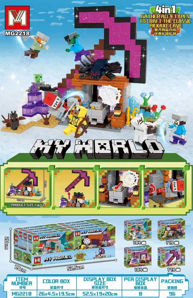 Zestaw klocków my world 4w1 z figurkami postaci i dużym różowym kilofem