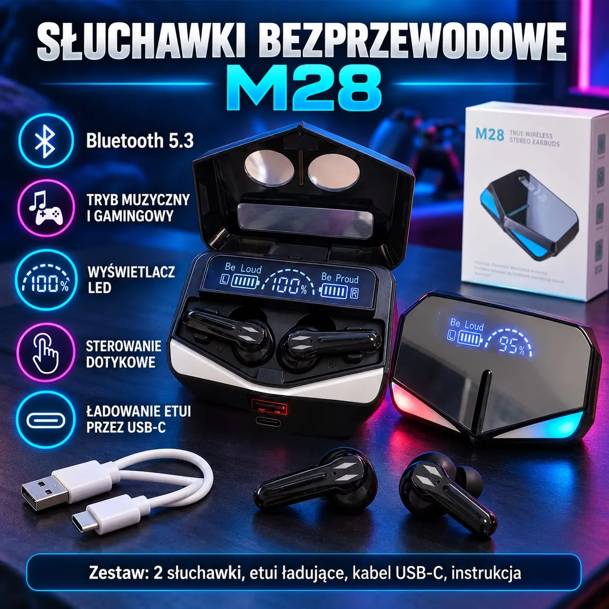 Czarne bezprzewodowe słuchawki M28 z etui ładującym i kablem USB-C na czarnym tle