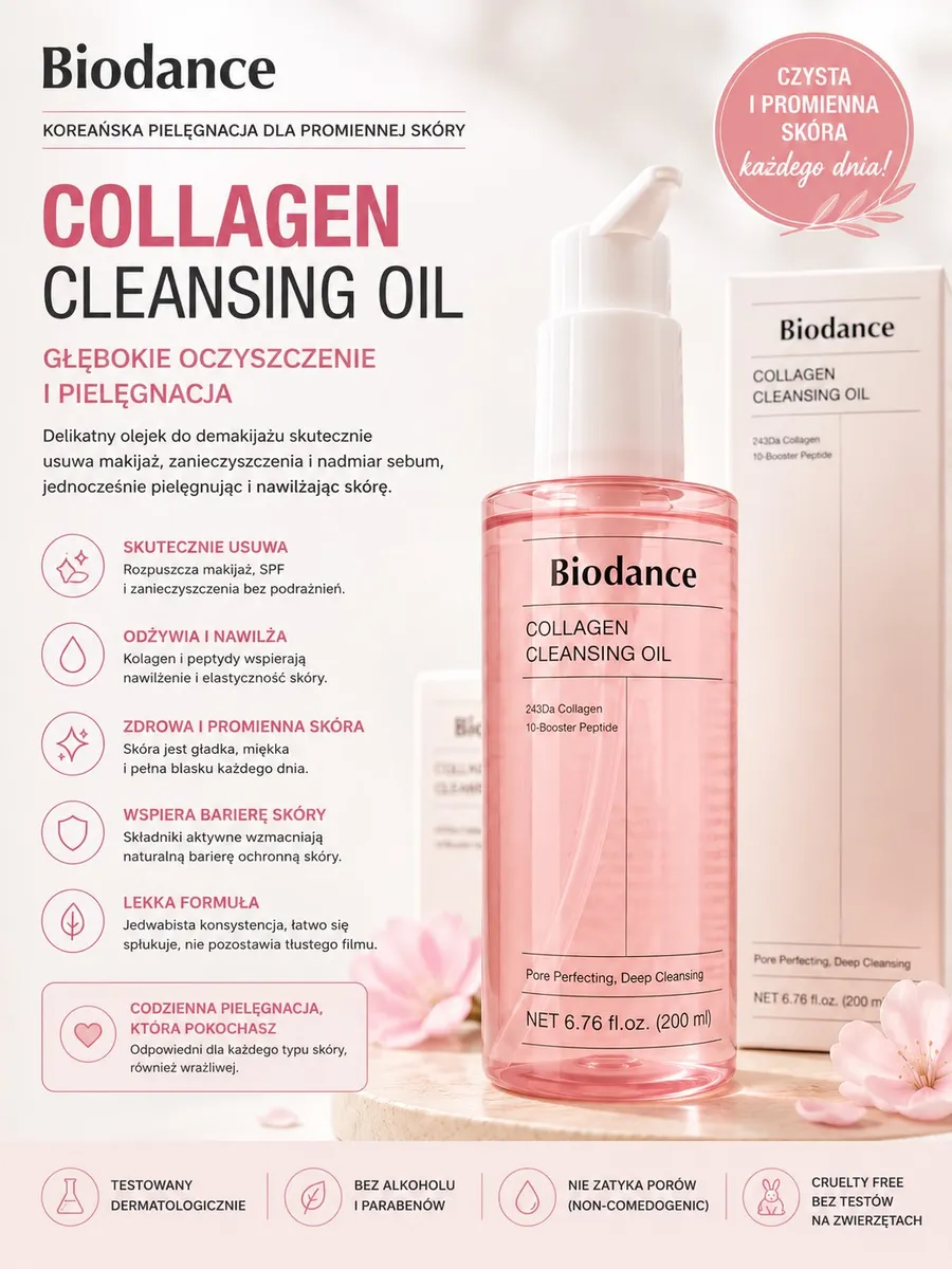 Różowy przezroczysty olejek do demakijażu Biodance Collagen Cleansing Oil 200 ml z pompką i opakowaniem