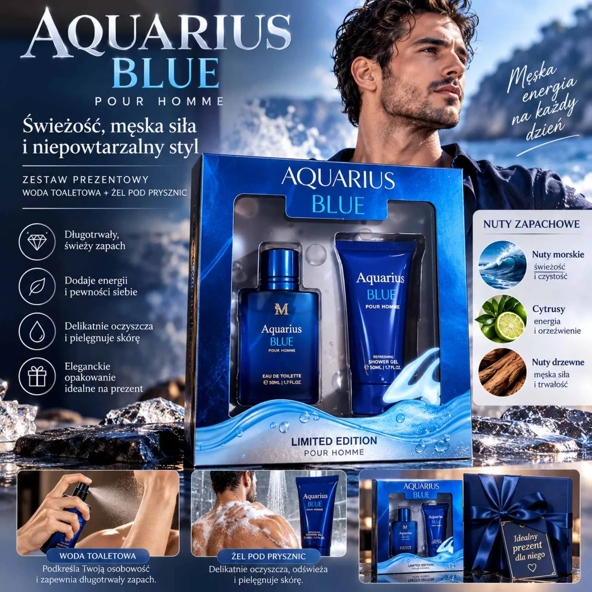 Granatowy zestaw prezentowy Aquarius Blue z wodą toaletową i żelem pod prysznic 50 ml, opakowanie z kokardą