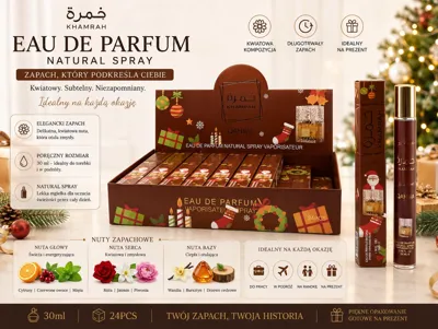 Perfumetka w szklanej butelce 35 ml z atomizerem, świąteczne opakowanie z kwiatowym motywem