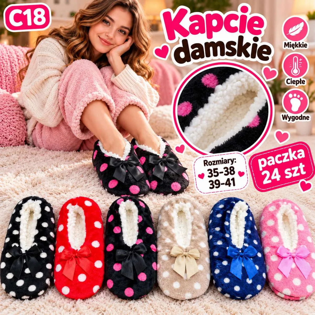 Kapcie damskie w grochy z kokardką w różnych kolorach, miękkie i ciepłe, rozmiary 35-41