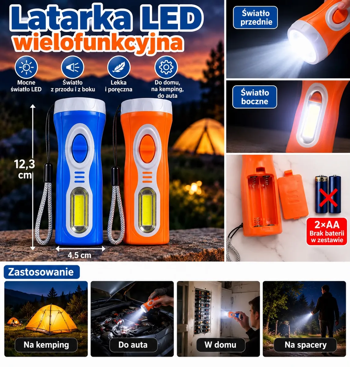 Latarka LED wielofunkcyjna w kolorze niebieskim i pomarańczowym z podwójnym światłem i wymiarami 12,3x4,5 cm