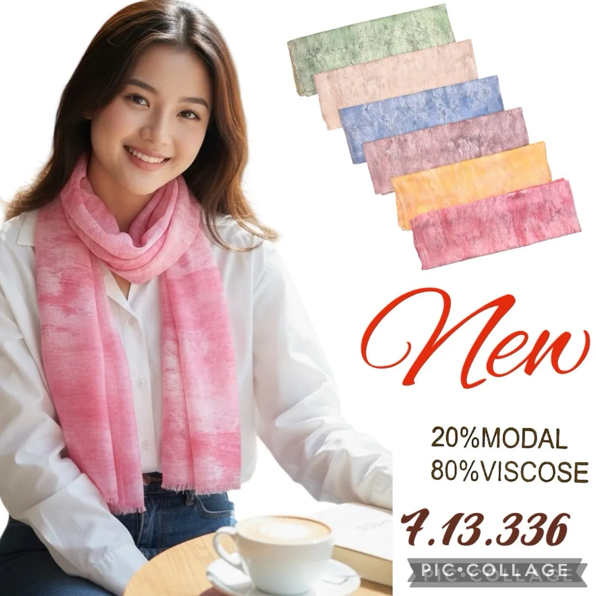 Kobieta w białej koszuli z różowym pastelowym szalikiem, obok sześć szalików w pastelowych kolorach