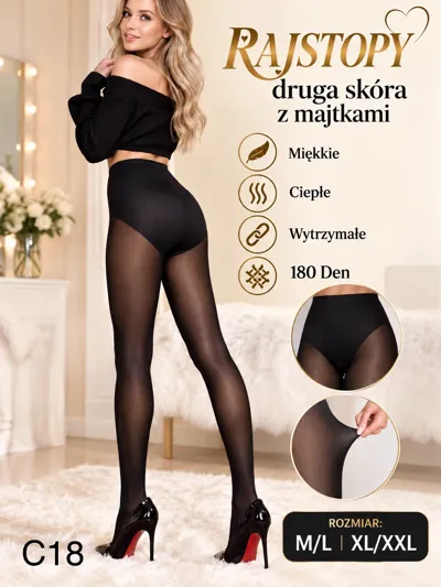 Czarne rajstopy 180 Den z majtkami na modelce, rozmiary M/L i XL/XXL