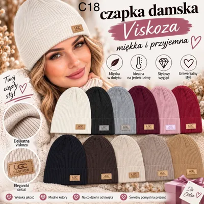 Czapki damskie prążkowane z wiskozą w różnych kolorach, model na głowie kobiety