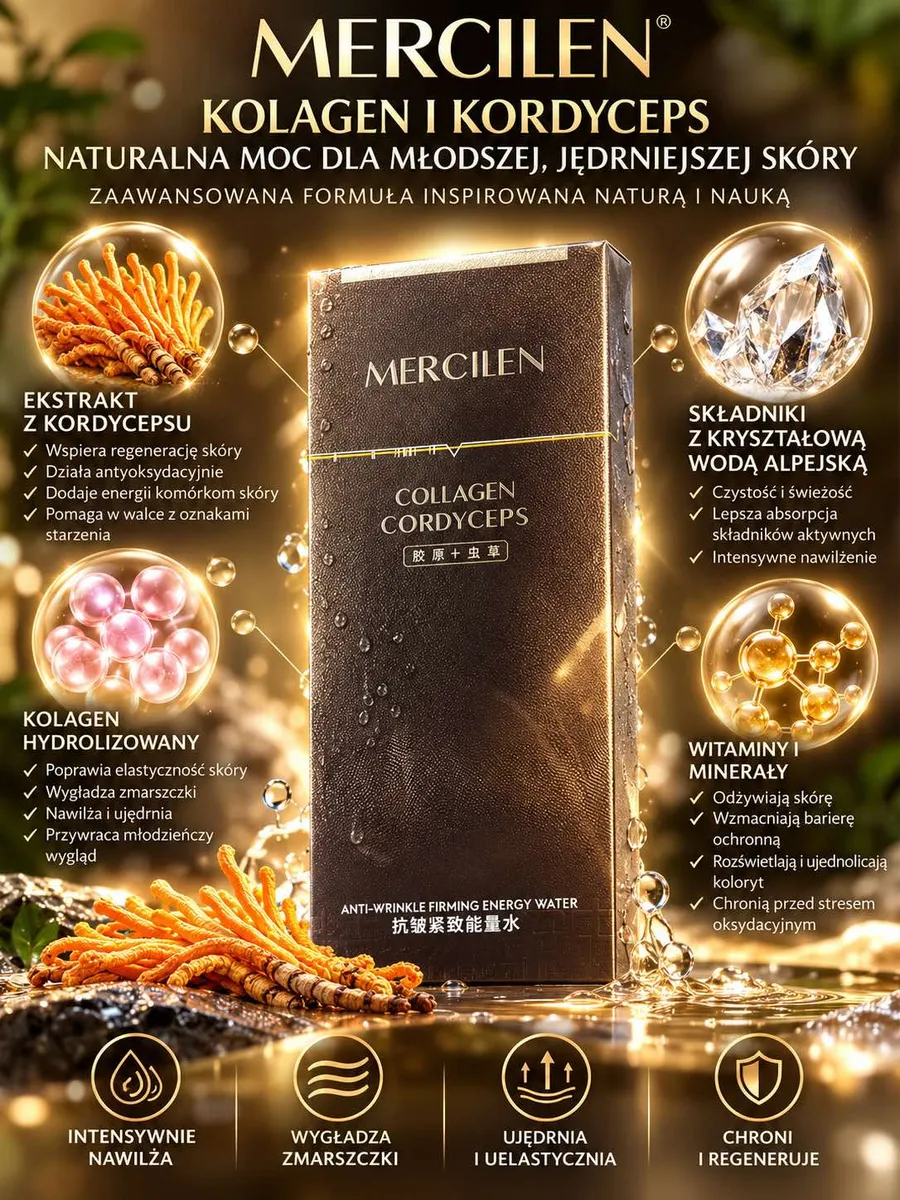 Opakowanie kosmetyku Mercilen Collagen Cordyceps z ekstraktem kordycepsu i kolagenem na tle złotych refleksów