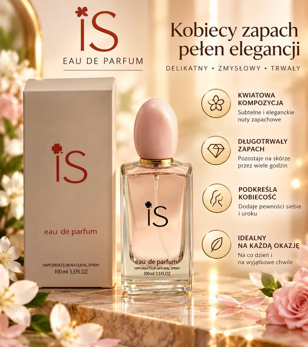 Perfumy iS Eau de Parfum 100ml z różowym korkiem i kwiatowym motywem na tle kwiatów
