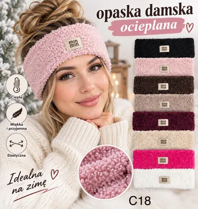 Opaska damska ocieplana Min Min w różnych kolorach, miękka i elastyczna, modelka w różowej opasce
