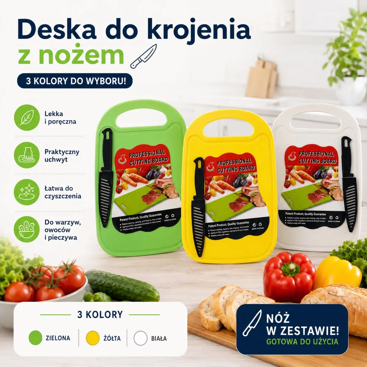 Deski do krojenia w kolorach zielonym, żółtym i białym z nożem i praktycznym uchwytem na tle kuchni