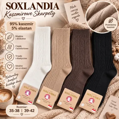 Cztery pary kaszmirowych skarpet Soxlandia w kolorach kremowym, beżowym, brązowym i czarnym na tle naturalnym