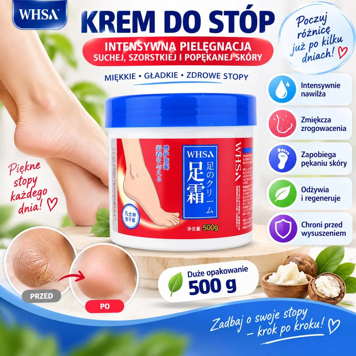 Krem do stóp WHSA w białym opakowaniu z niebieską pokrywką i czerwono-białą etykietą, 500 g