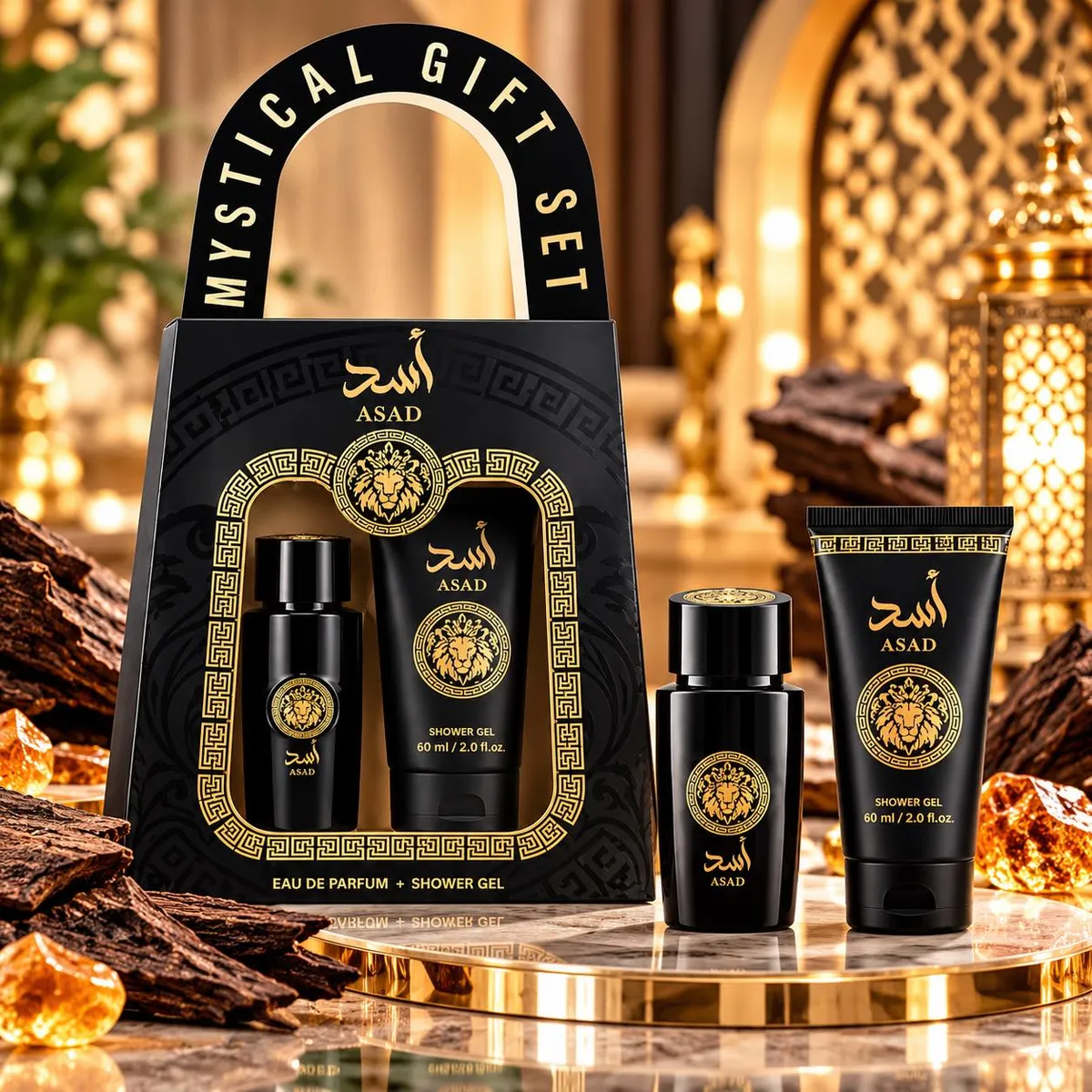 Zestaw prezentowy ASAD perfumy 30ml i balsam do ciała 60ml w czarnym opakowaniu ze złotym motywem lwa