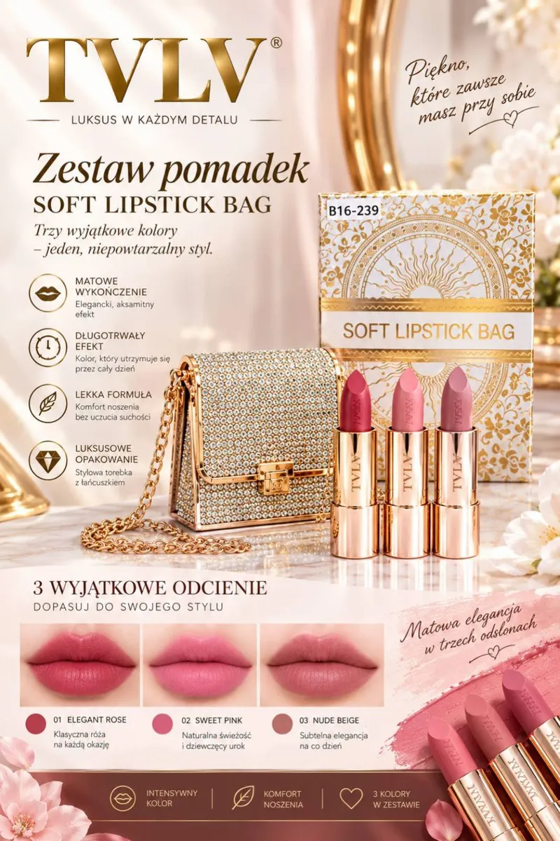 Zestaw trzech matowych pomadek TVLV w odcieniach różu z elegancką torebką na łańcuszku i ozdobnym opakowaniem
