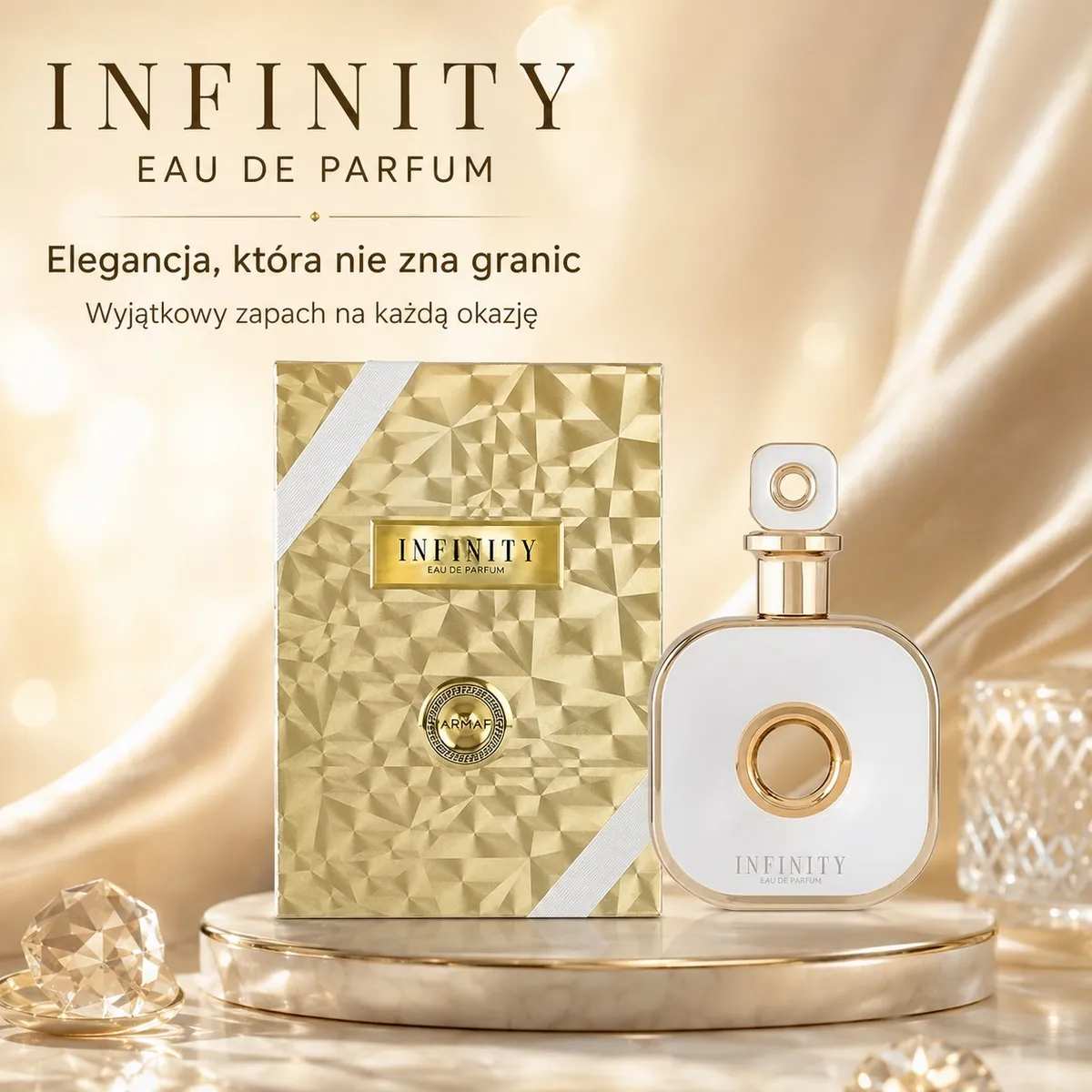Perfumy Infinity 100 ml w białym flakonie ze złotymi detalami i złote opakowanie z tłoczeniem
