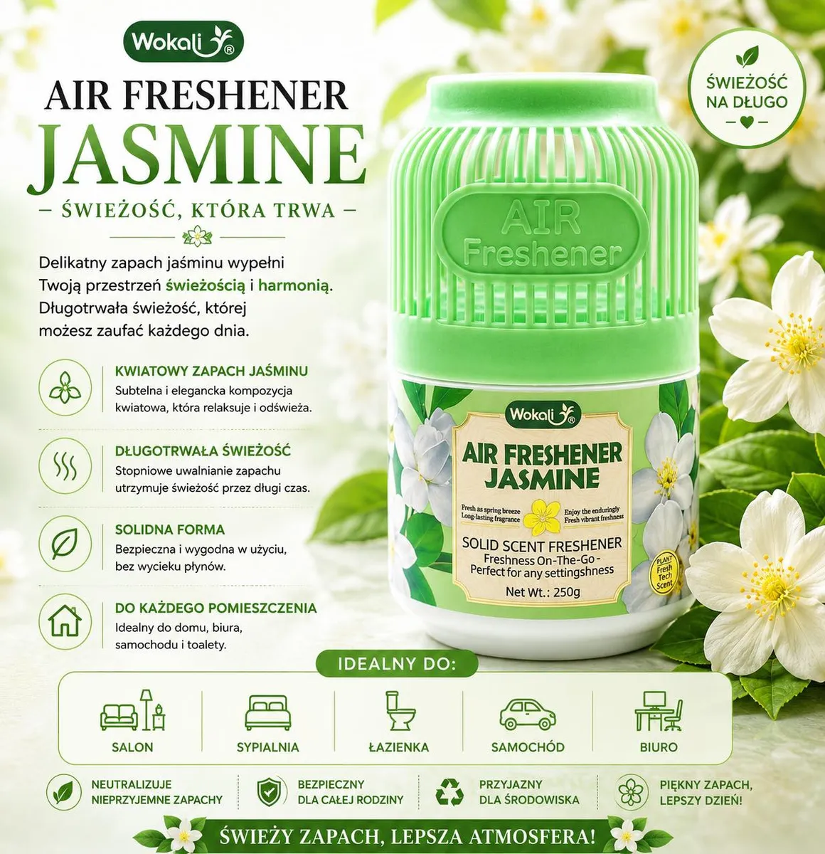 zielony odświeżacz powietrza Wokali Air Freshener Jasmine 250 g z kwiatowym motywem jaśminu