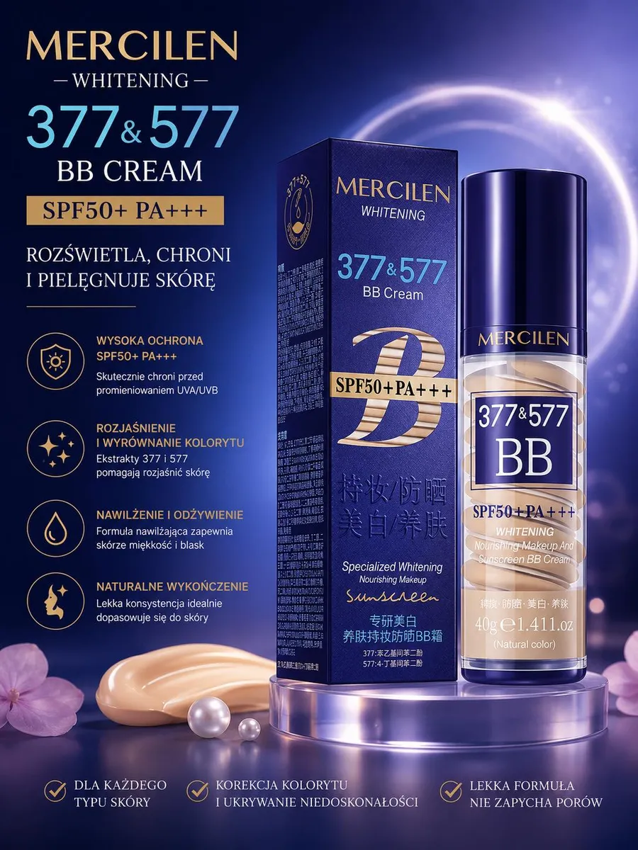 Granatowe opakowanie kremu BB Mercilen 377 & 577 z filtrem SPF50+ PA+++ i złotymi detalami