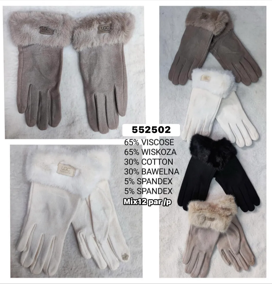Rękawiczki damskie LGC fashion w kolorach beżowym, białym i czarnym z futerkiem przy mankiecie