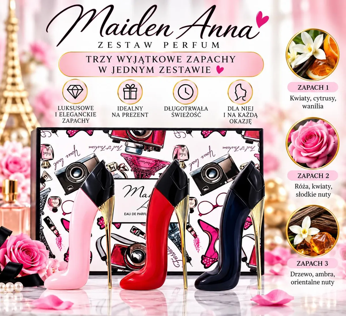 Zestaw trzech perfum Maiden Anna w flakonach szpilkach różowy, czerwony i granatowy z opakowaniem