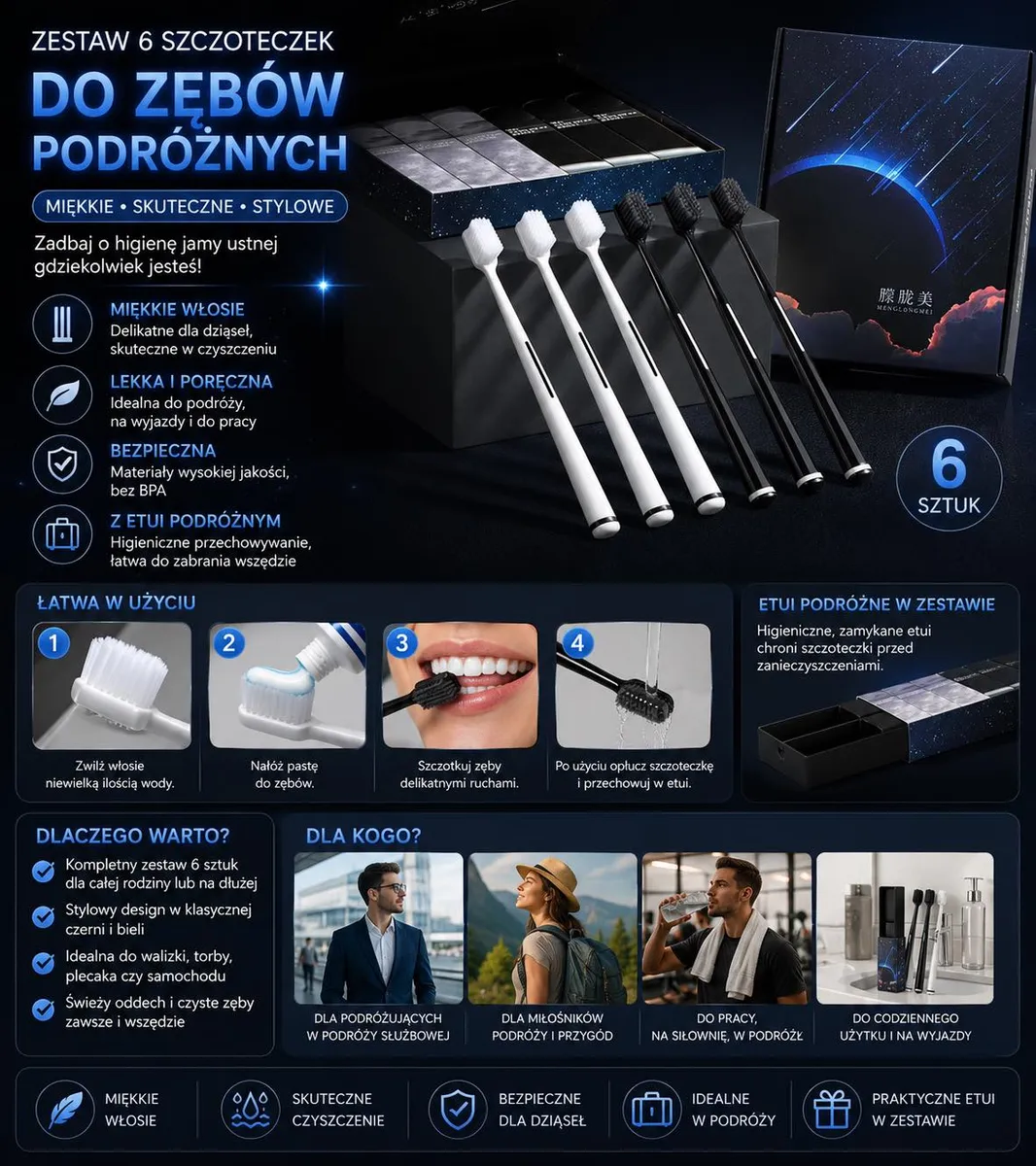 Zestaw 6 szczoteczek do zębów podróżnych w kolorze czarnym i białym z etui na ciemnym tle