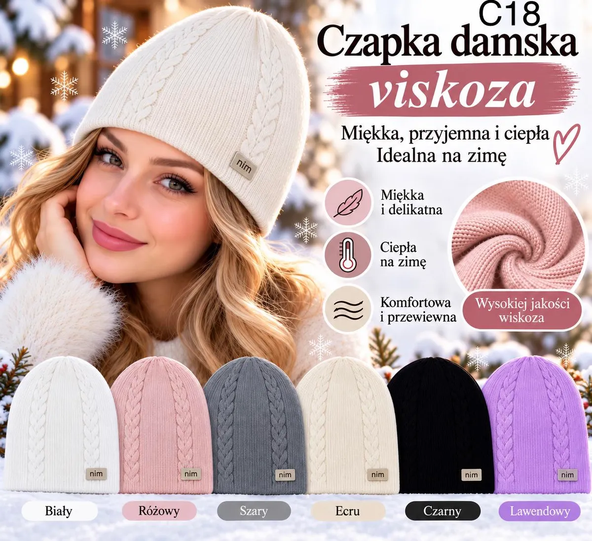 Damska czapka zimowa z wiskozy w kolorach biały, różowy, szary, ecru, czarny i lawendowy