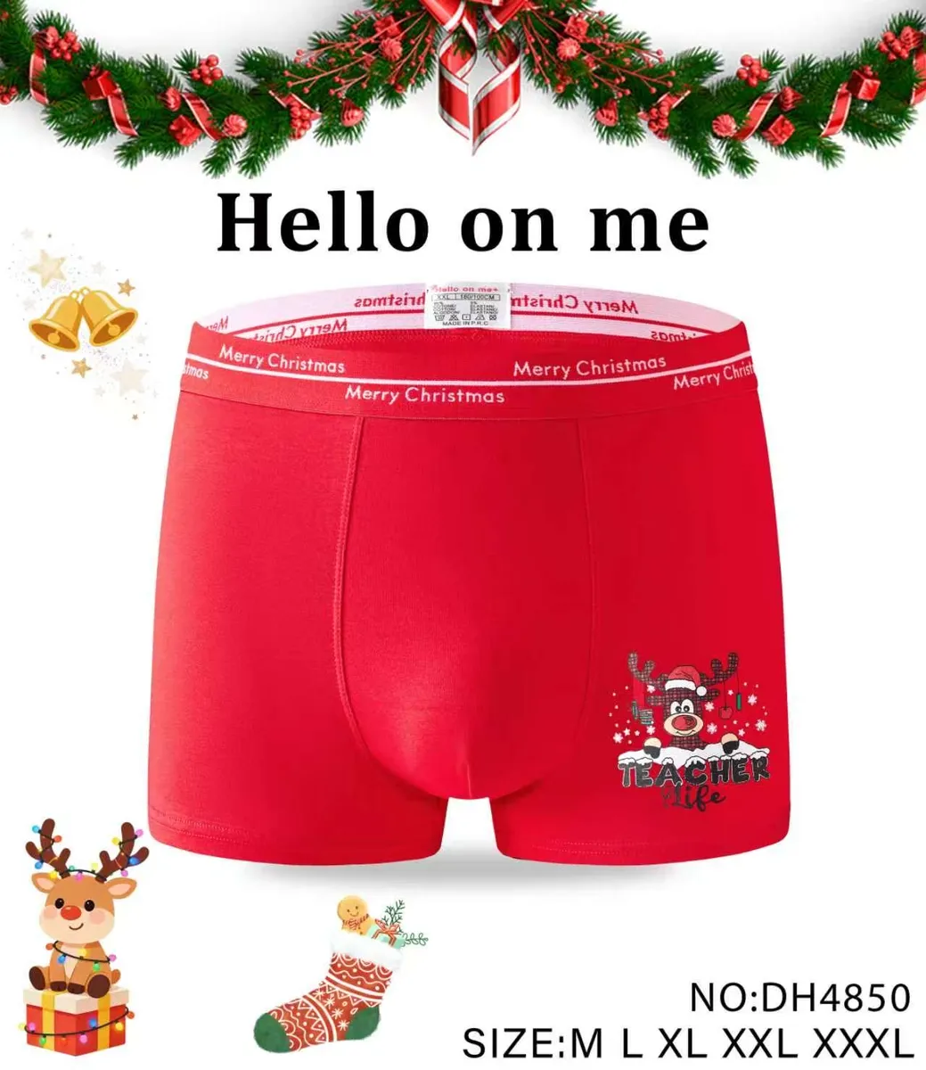 Czerwone bokserki męskie z nadrukiem renifera i napisem Teacher Life, elastyczny pas Merry Christmas