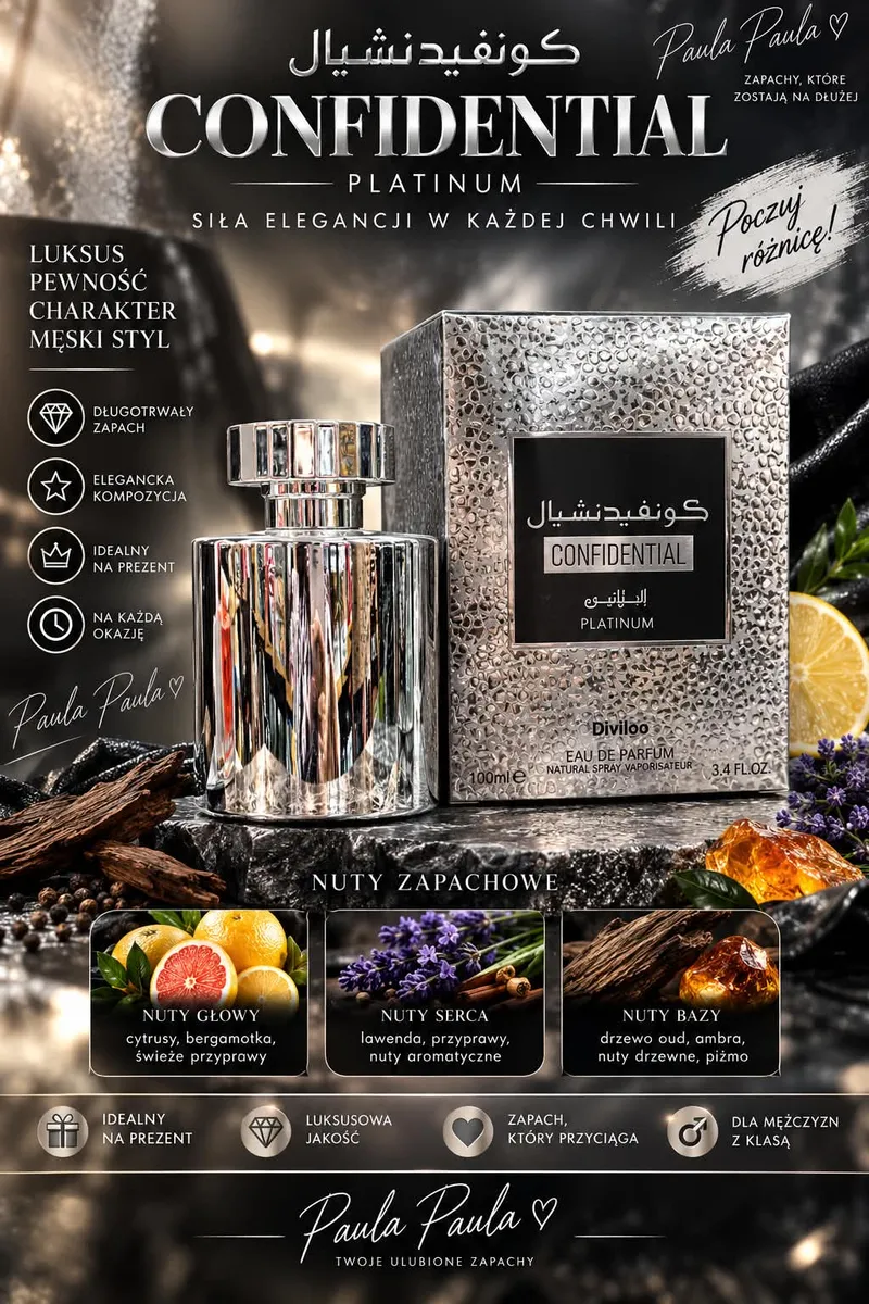 Srebrny flakon perfum Confidential Platinum 100ml z eleganckim opakowaniem i nutami zapachowymi