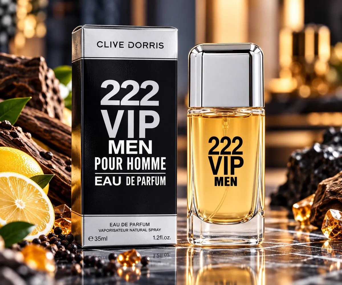 Butelka perfum 222 VIP Men z przezroczystym szkłem i srebrną nakrętką obok czarno-srebrnego pudełka
