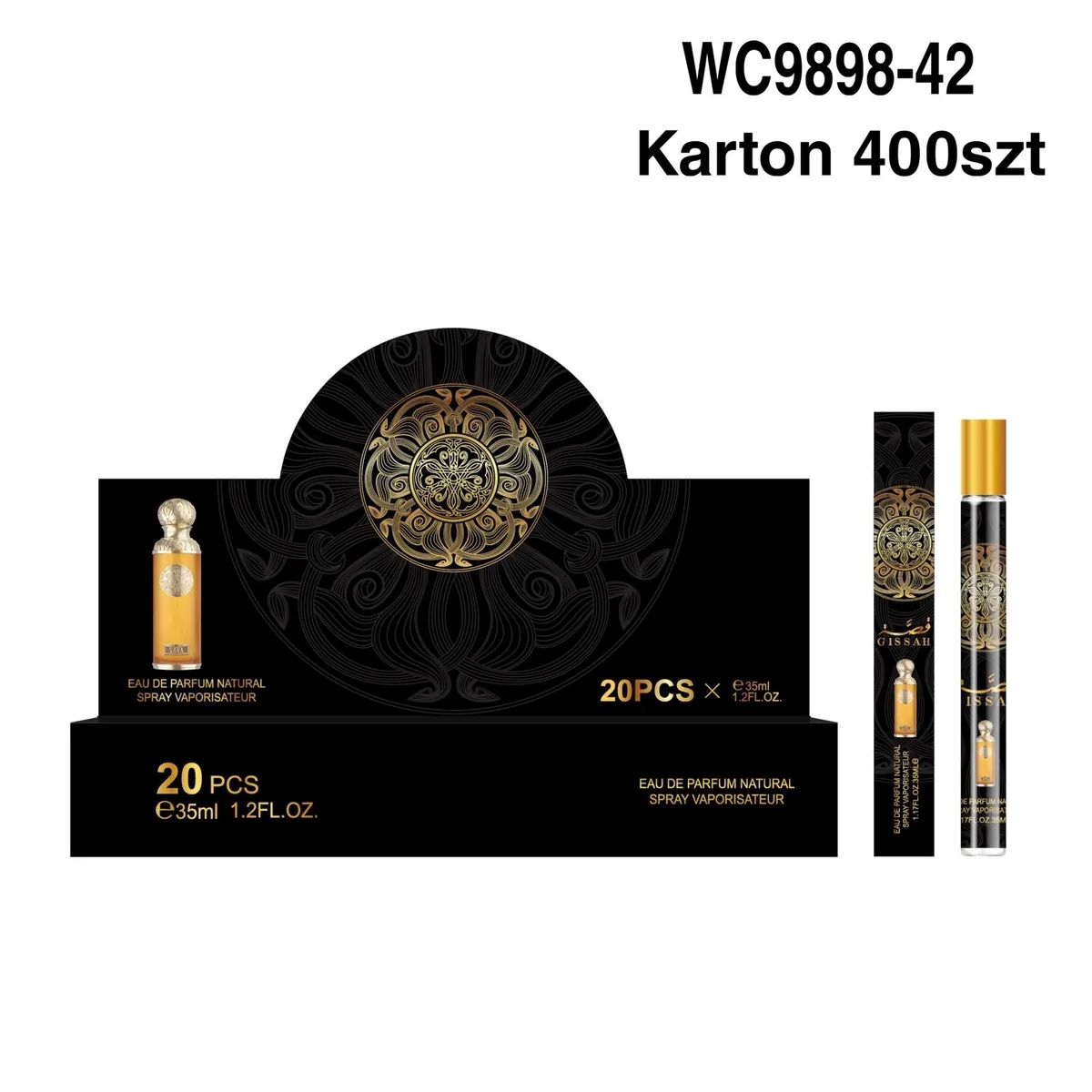 Perfumetki arabskie 35 ml w czarnym opakowaniu ze złotym ornamentem, zestaw 20 sztuk