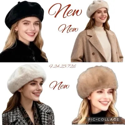 czarny i beżowy damski beret zimowy z futerkiem na modelkach