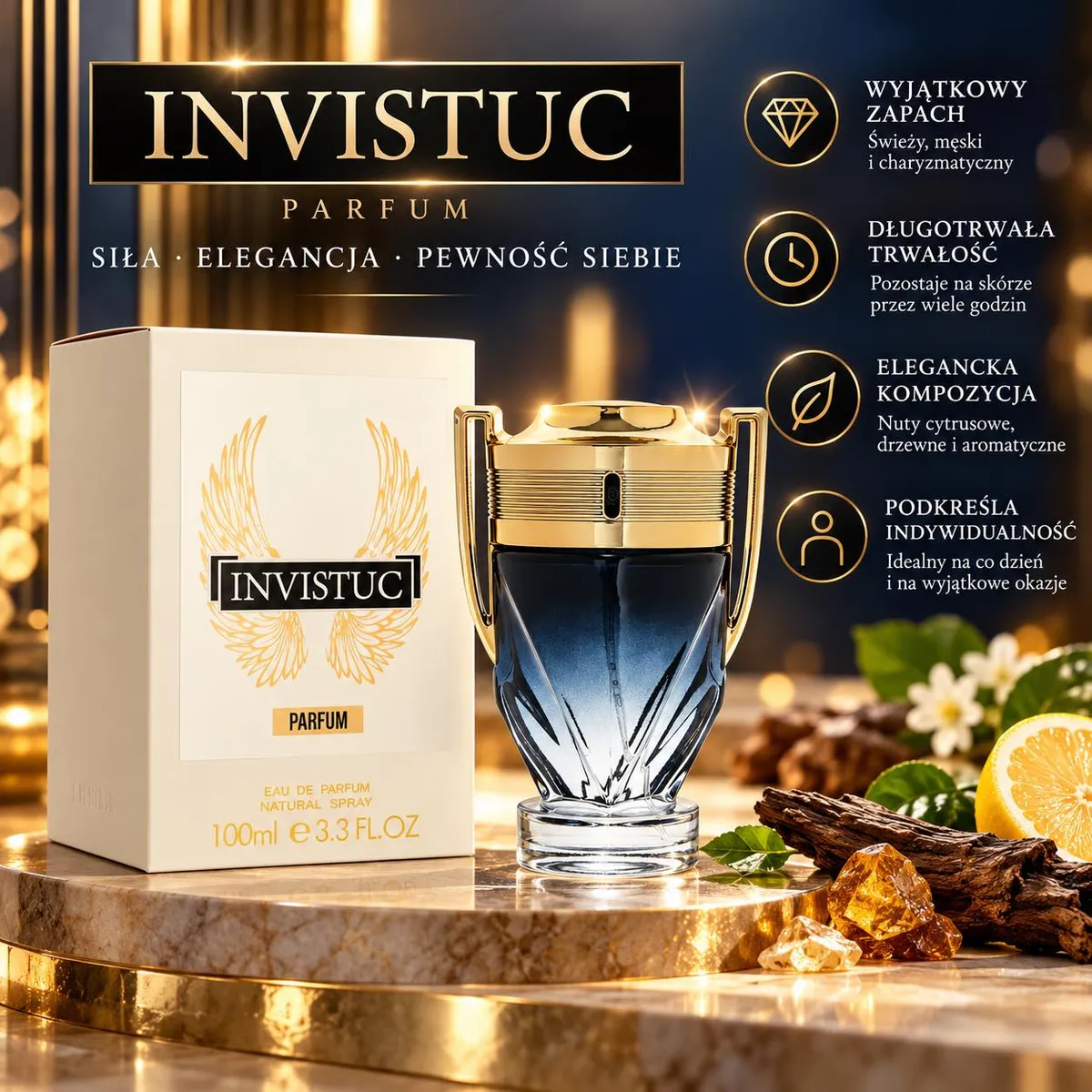 Butelka perfum Invistuc 100ml granatowo-złota z kartonowym opakowaniem i nutami zapachowymi