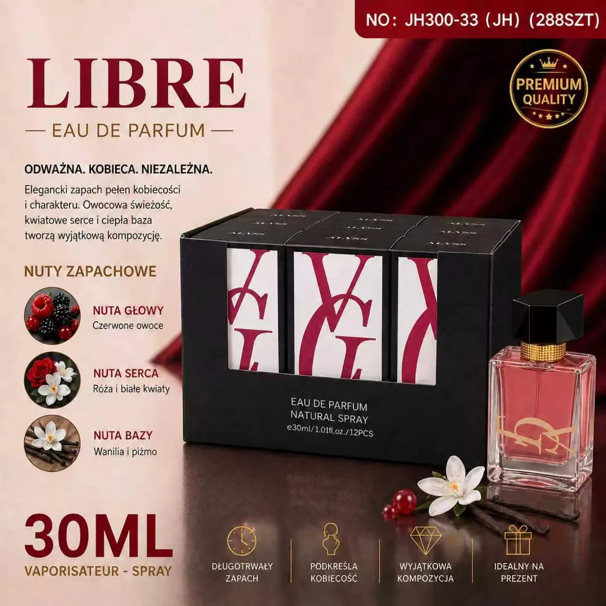 Perfumy Libre Eau de Parfum 30 ml w szklanym flakonie z czarną zakrętką i opakowaniem zbiorczym 12 sztuk