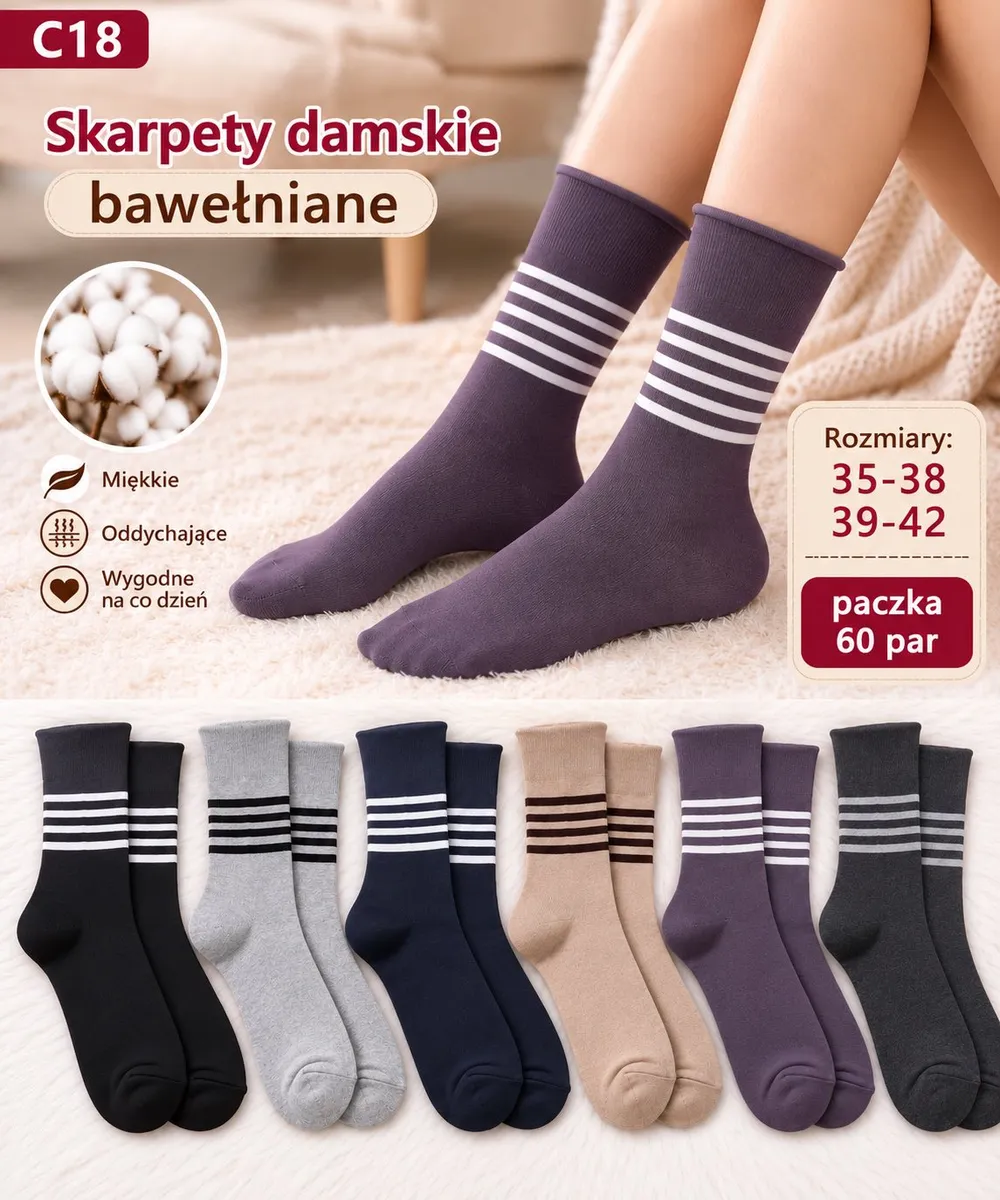 Skarpety damskie bawełniane w paski w kolorach czarnym, szarym, granatowym, beżowym, fioletowym i grafitowym