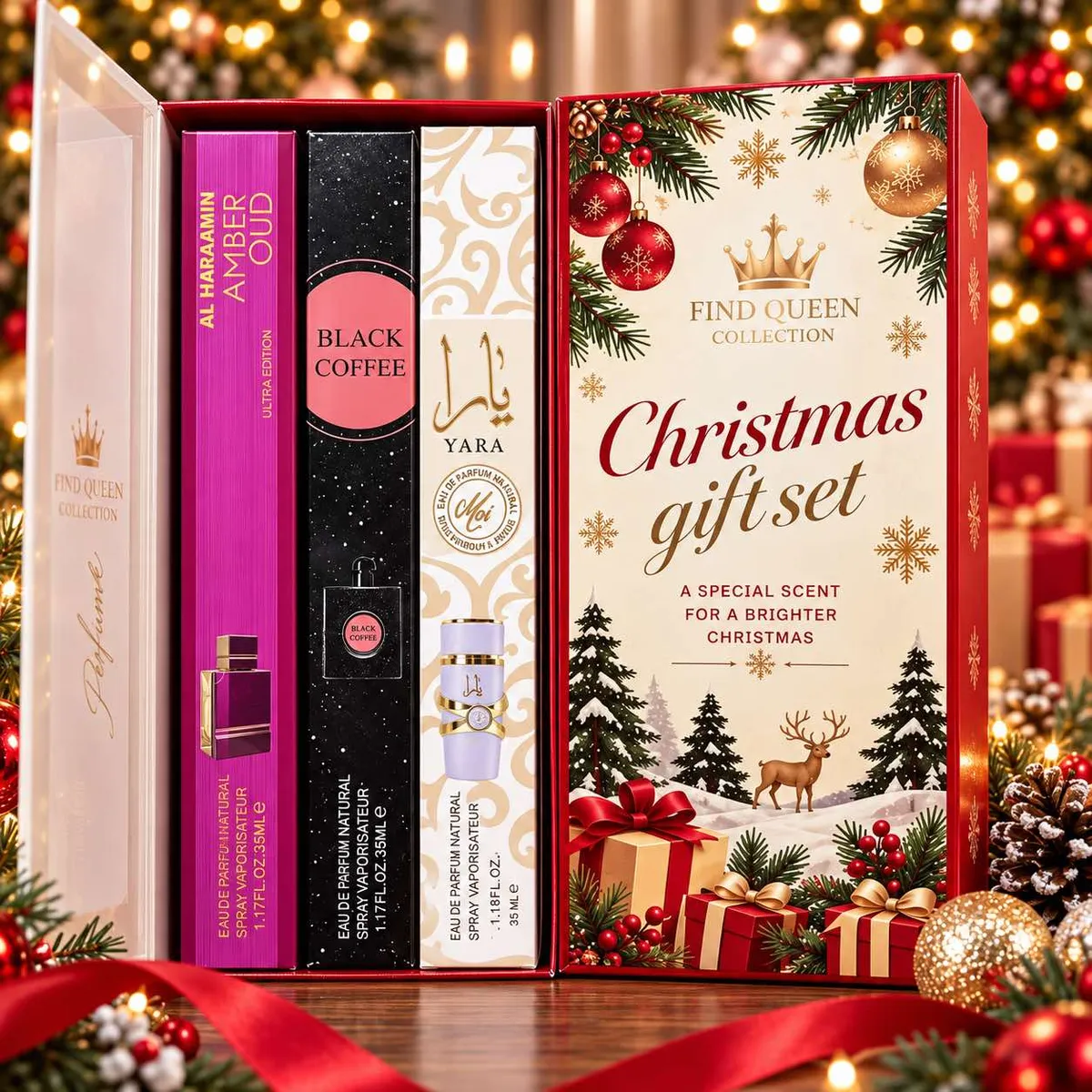 Zestaw trzech perfumetek 35 ml w świątecznym pudełku z motywem choinek i prezentów