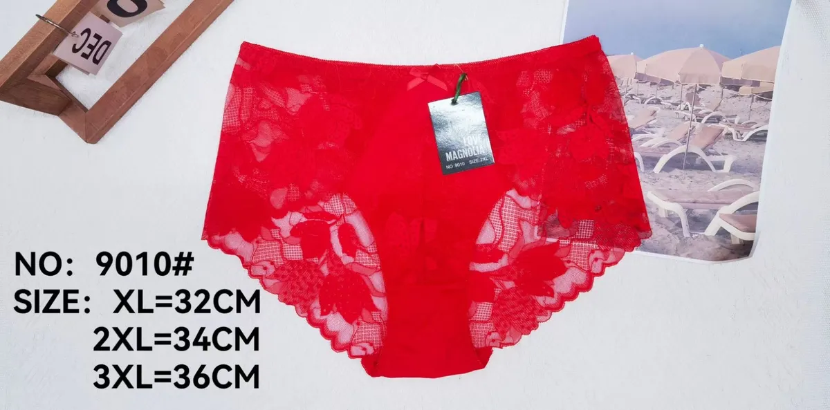 Czerwone koronkowe majtki damskie z kwiatowym wzorem i gładkim panelem, rozmiary XL-3XL